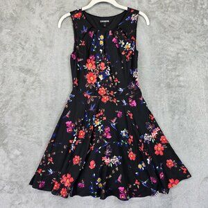 Express Dress Womens 0 Black Floral Bird Print Sleeveless Fit & Flare Mini Party